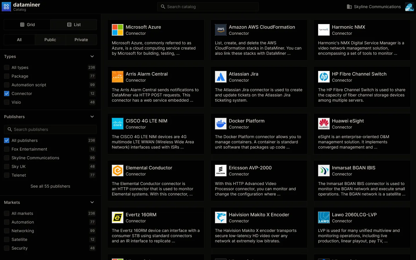 Overview of the DataMiner Catalog with different connectors available to deploy